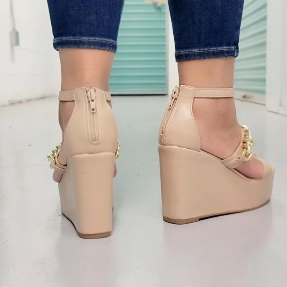 Nude Open Toe High Platform Wedge Sandals with Gold Chain